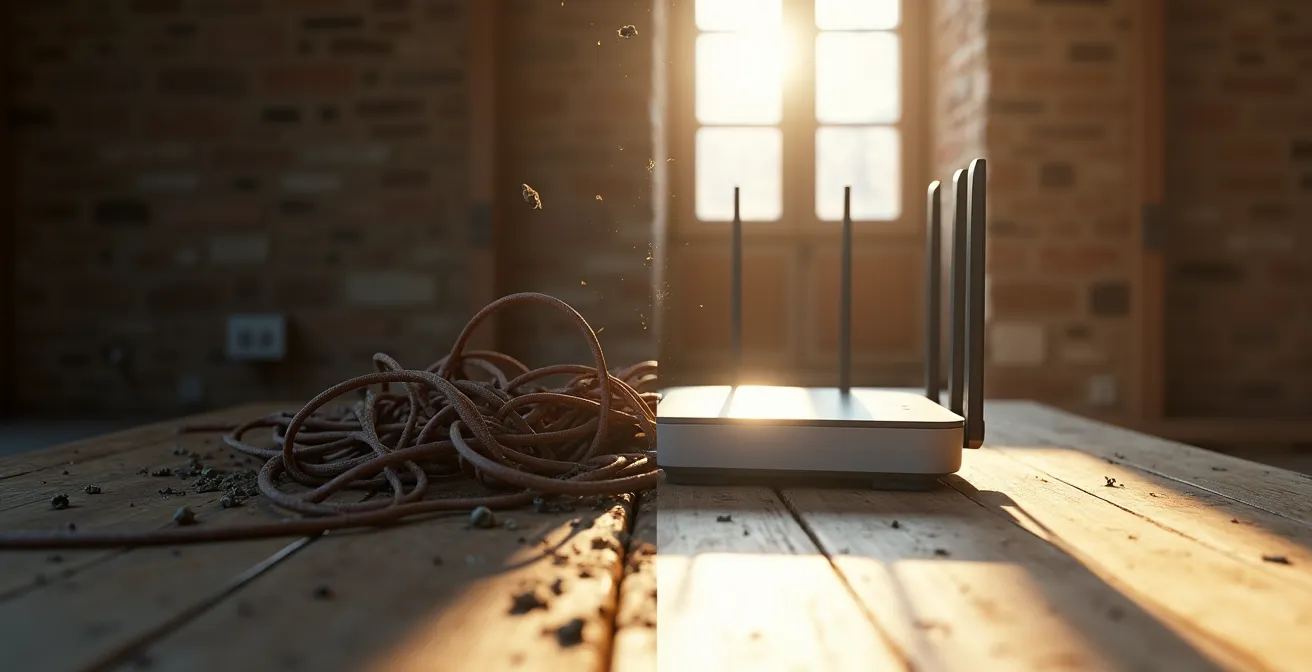 Een moderne 5G-router naast een verouderde VDSL-modem in een landelijke setting