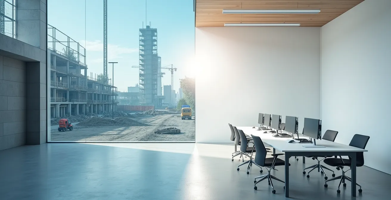 Split-screen beeld dat het gebruik van Augmented Reality op een werf vergelijkt met een Virtual Reality training in een veilig klaslokaal.