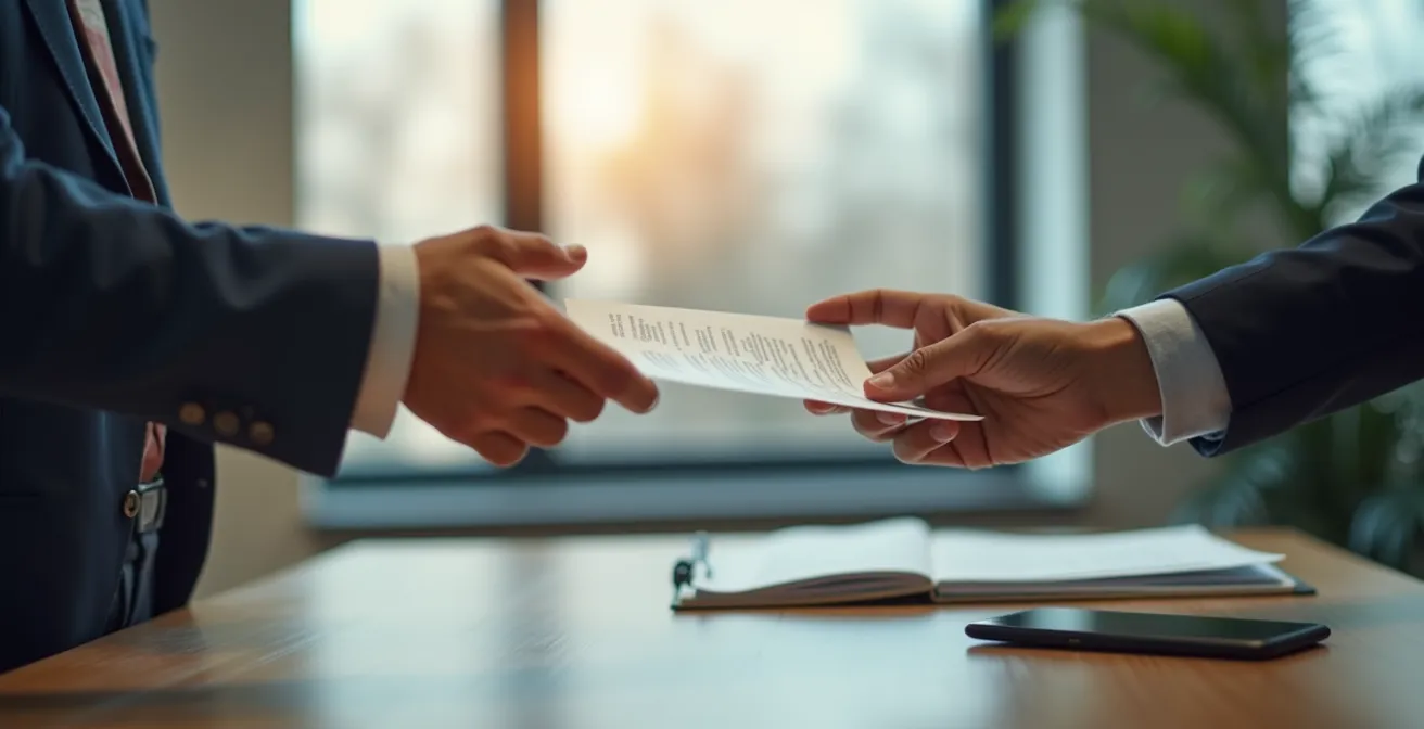 Close-up van handen die documenten doorgeven in professionele omgeving