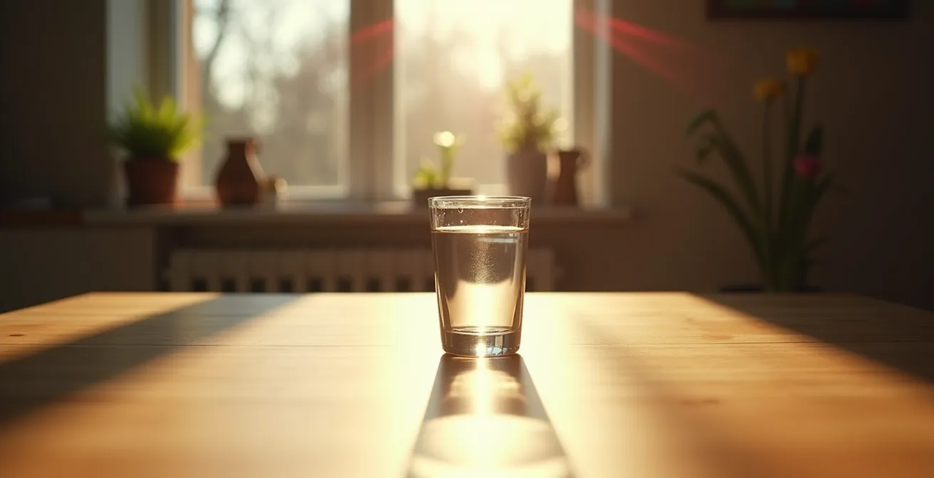 Lege eettafel met alleen glas water in ochtendlicht, suggestie van vasten voor bloedtest