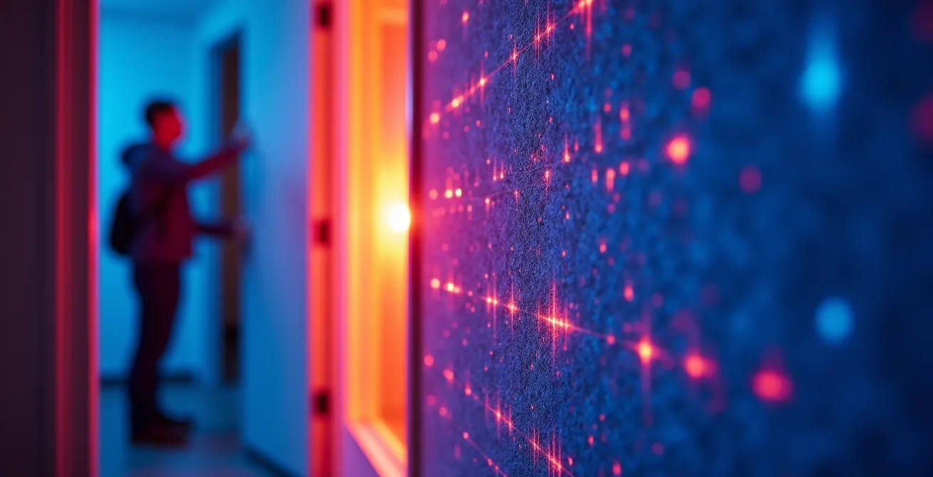 Thermografische opname van woning tijdens blowerdoortest met zichtbare warmtelekken