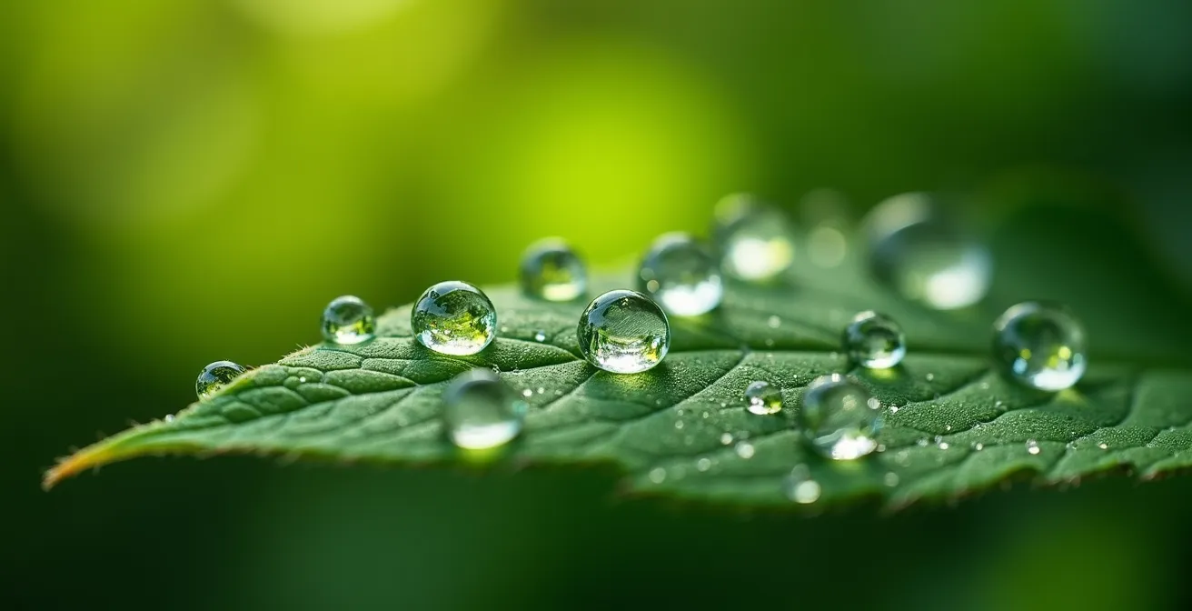 Macro-opname van groene bladstructuur met dauwdruppels symboliseert carbon impact meting