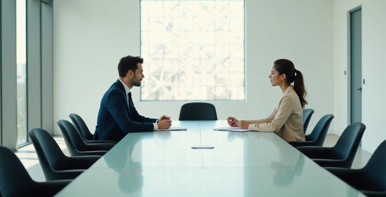 Twee personen in professionele setting voeren respectvol gesprek