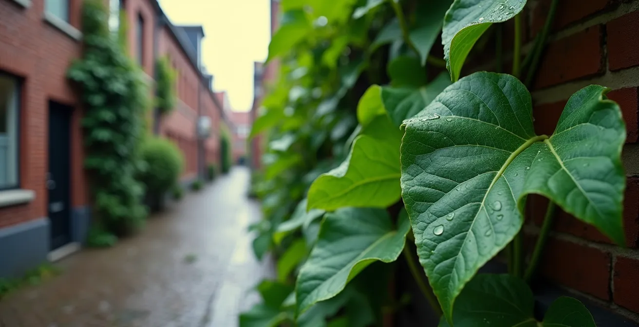 Groene gevels met klimplanten in smalle Belgische straat tijdens zomer