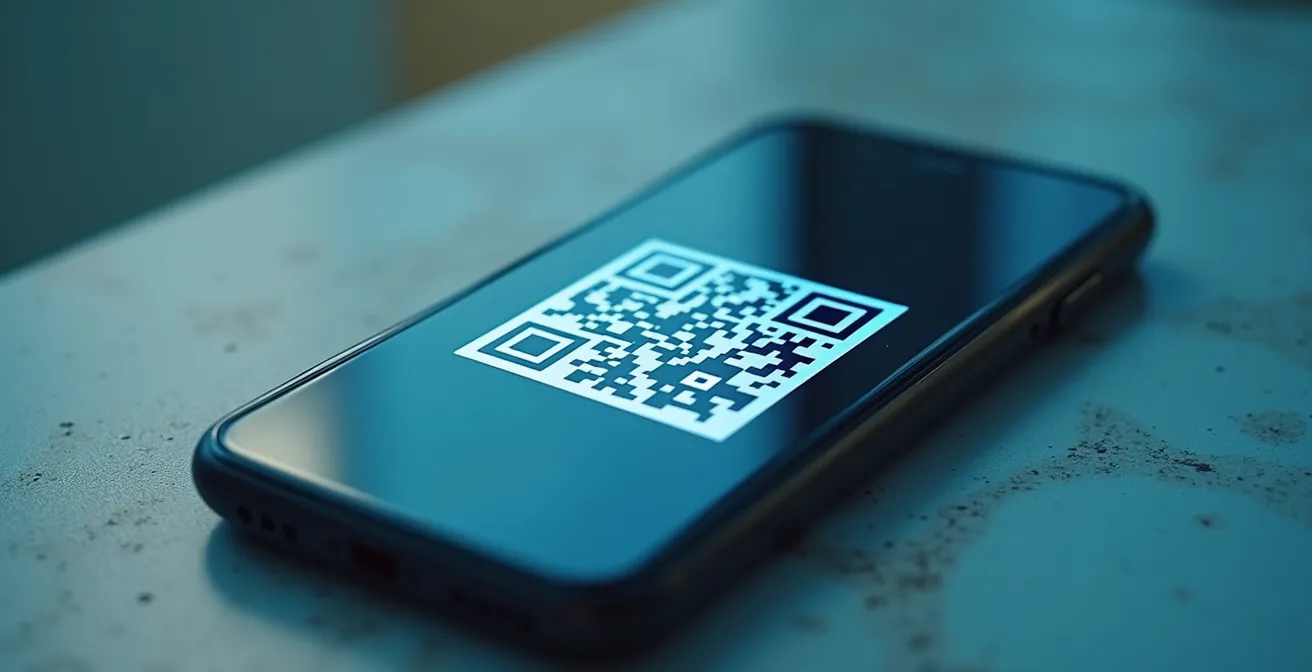 Macro opname van een smartphone die een QR-code scant van een kiosk scherm