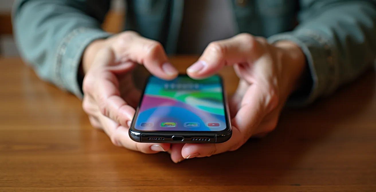 Close-up van oudere handen die smartphone vasthouden met helper ernaast