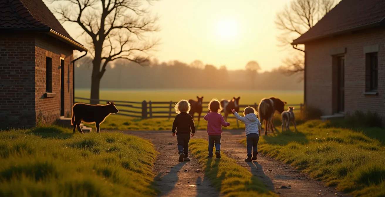 Kinderen spelen met dieren op Vlaamse boerderij in natuurlijke omgeving