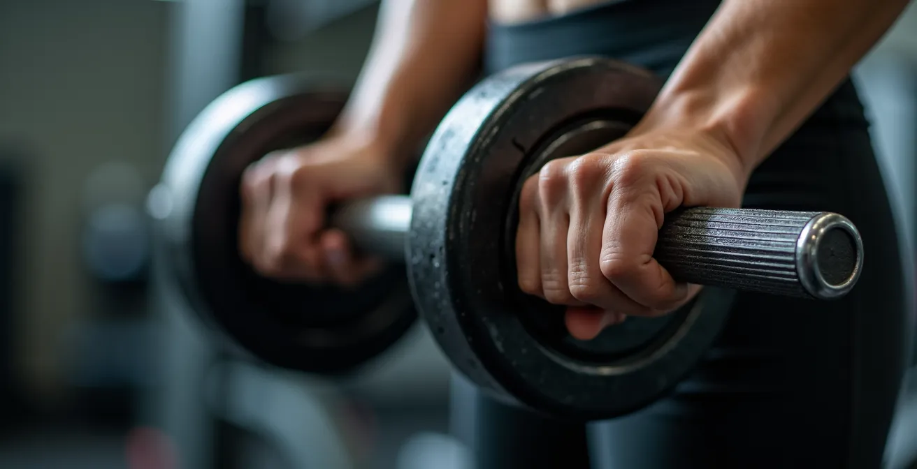 Vrouw rond 45 jaar doet krachttraining met gewichten in fitnesszaal