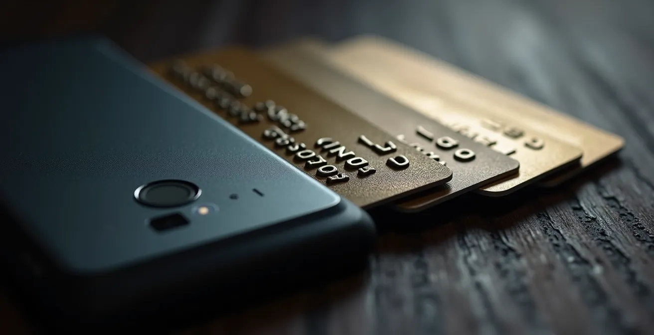 Macro-opname van creditcards en smartphone op bureau met onscherpe achtergrond