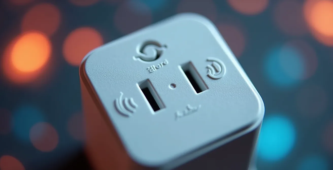 Macro-opname van Matter-compatibele slimme stekker met verbindingssymbolen