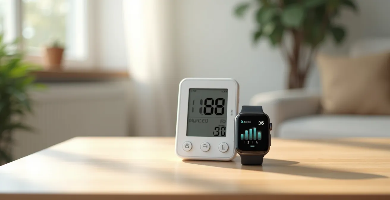 Gevalideerde bloeddrukmeter naast sporthorloge op tafel