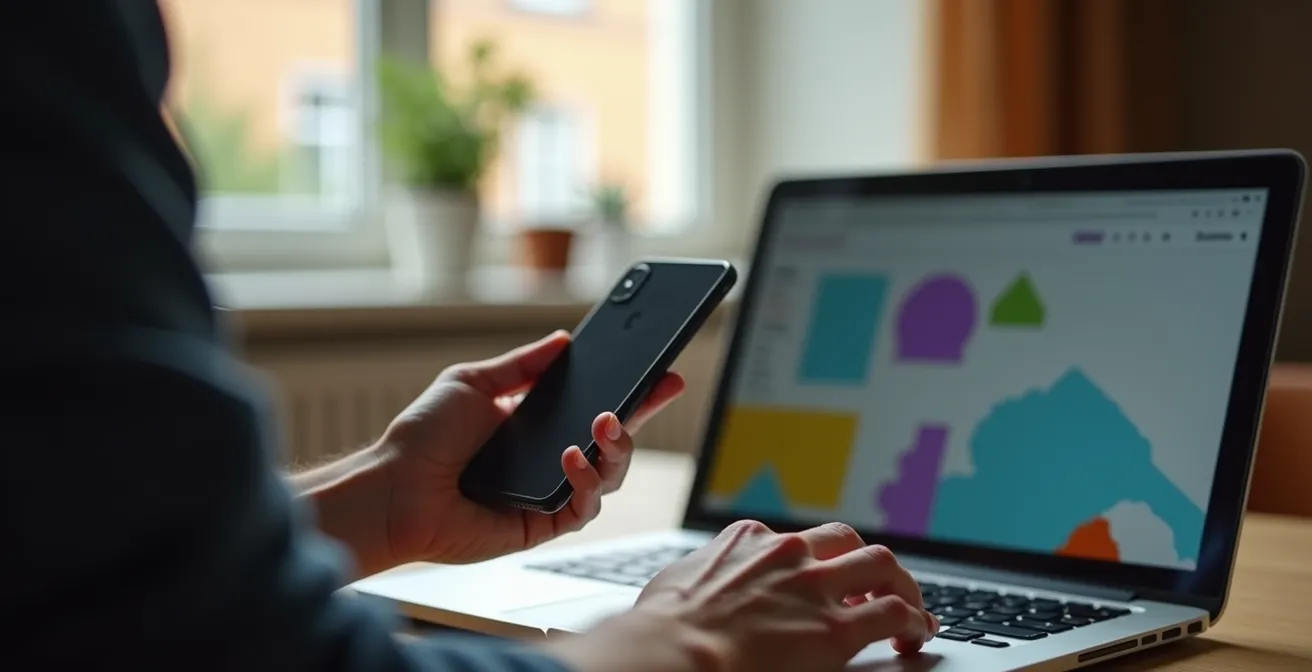 Persoon houdt smartphone met itsme-app vast terwijl computer op achtergrond het MijnGezondheid portaal toont