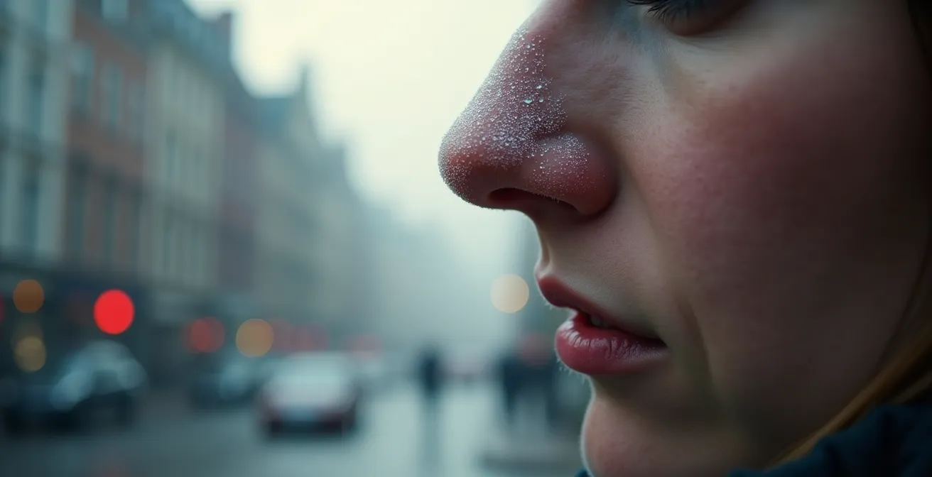 Close-up van persoon die neusademhaling toepast in Brusselse stadsomgeving
