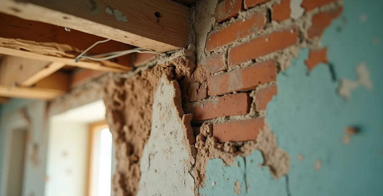 Realistische weergave van onverwachte renovatiekosten met verborgen problemen zichtbaar