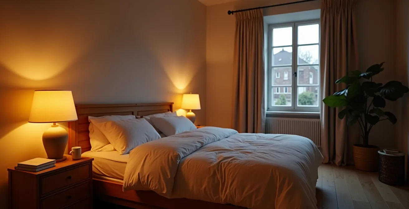 Rustgevende slaapkamer met warme verlichting in typisch Belgisch rijhuis