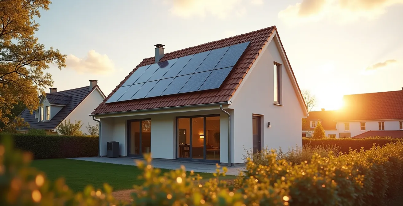 Moderne passiefwoning met zonnepanelen en warmtepomp in Belgische omgeving