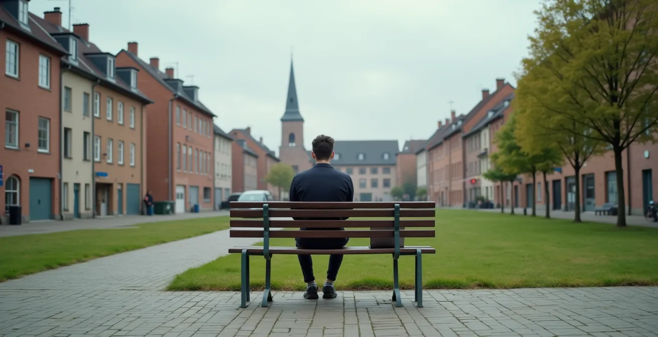 Jonge professional met laptop in rustige Limburgse omgeving met treinstation op achtergrond