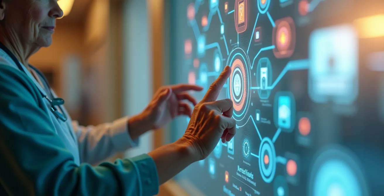 Close-up van handen die intuïtieve pictogrammen selecteren op touchscreen in een ziekenhuisomgeving