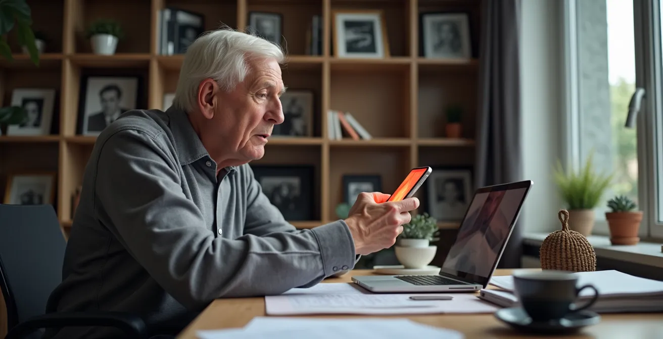 Smartphone in hand toont waarschuwingssignaal met vage achtergrond