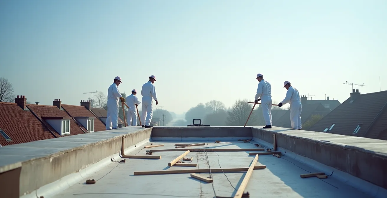 Wijde opname van Vlaams dak met professionele werkzaamamheden in beschermende uitrusting