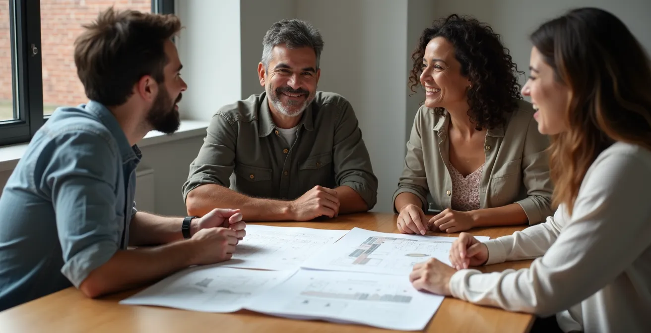 VME-vergadering met eigenaars rond tafel met renovatieplannen