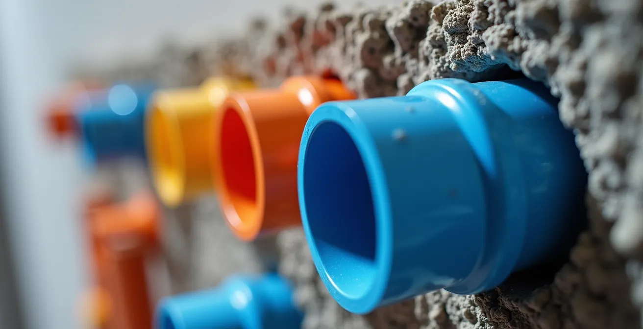 Detail van wachtbuizen geïntegreerd in muurconstructie voor toekomstige installaties