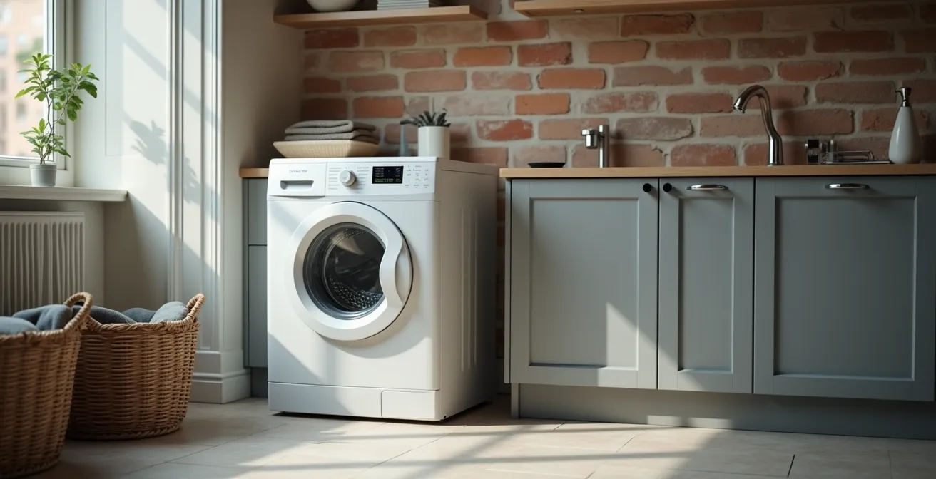 Moderne wasmachine met slimme stekker in Belgische bijkeuken