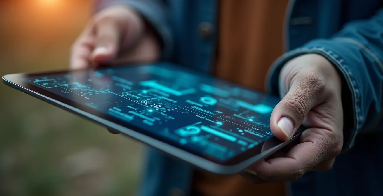 Werfleider analyseert data van een VR-leiderschapstraining op een tablet, wat de focus op meetbare soft skills toont.