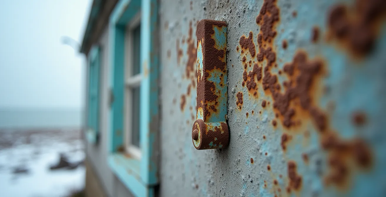 Kustappartement tijdens winterse omstandigheden met zichtbare weersomstandigheden