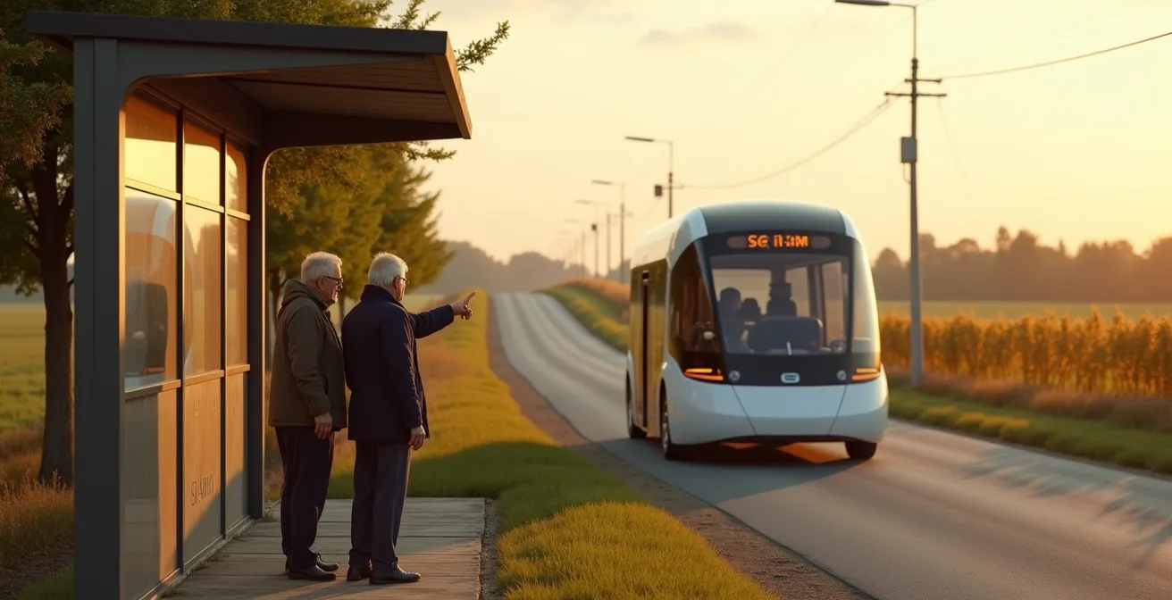 Een autonome shuttle op een landelijke weg in België met 5G-antennes op de achtergrond