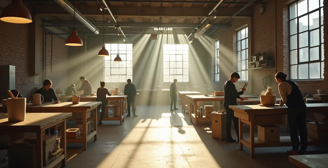 Overzicht van een levendig makerspace met mensen aan het werk