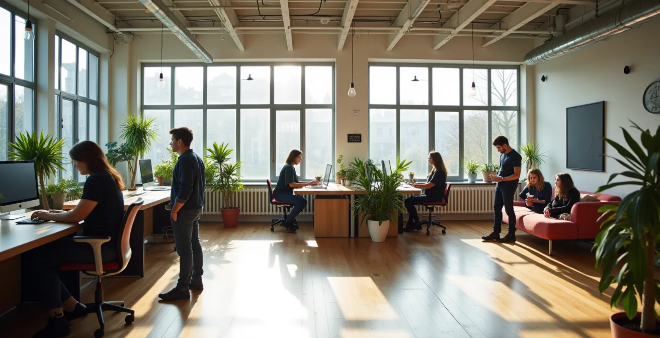 Jonge professionals werken samen in een open, moderne werkruimte met flexibele zones