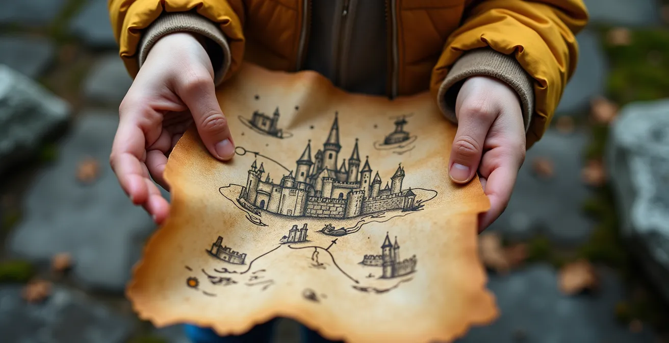 Kinderen ontdekken met tablet augmented reality in kasteelruïne