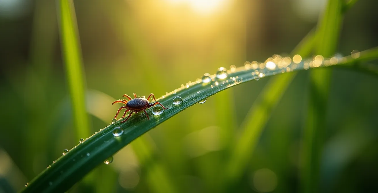 Extreme close-up van een teek op een grasspriet in natuurlijk boslicht, symbool voor het gevaar in Vlaamse bossen