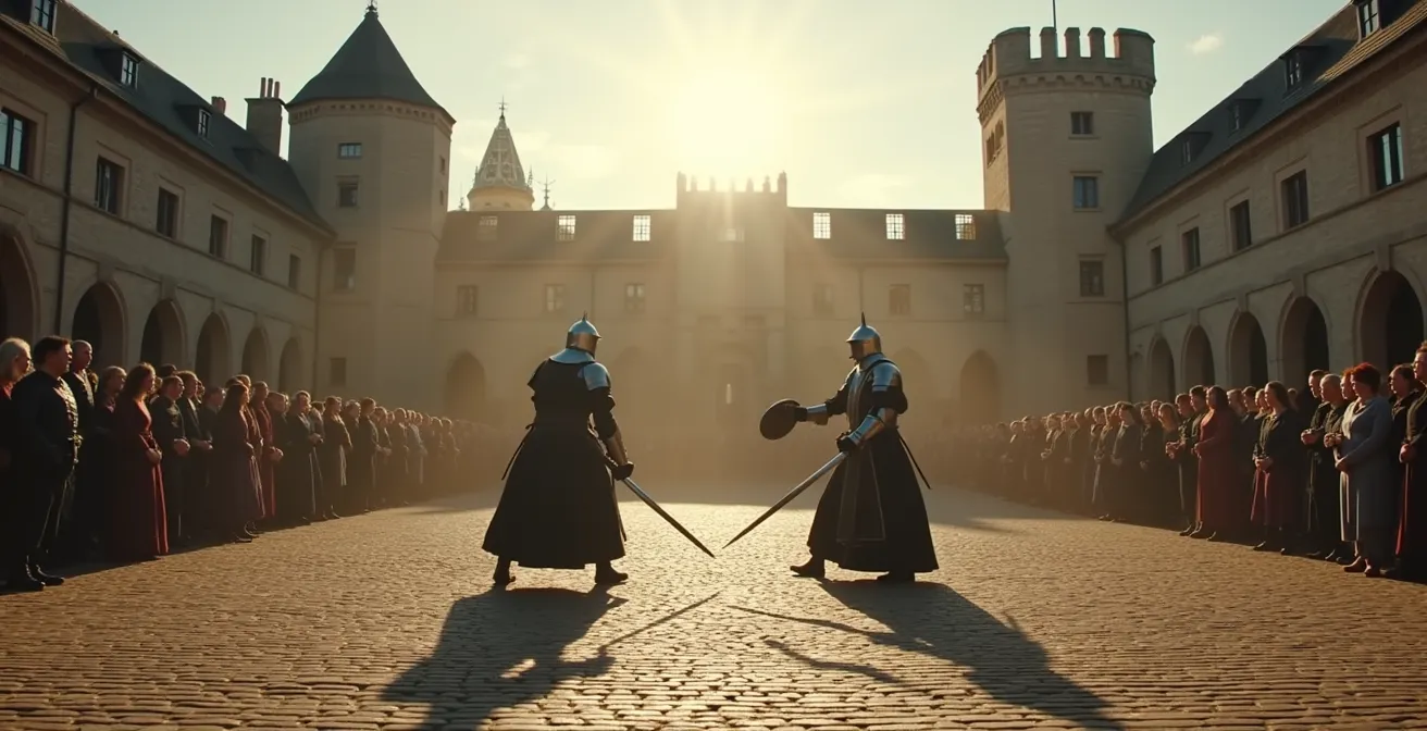 Middeleeuwse ridders in harnas tijdens zwaardgevecht demonstratie