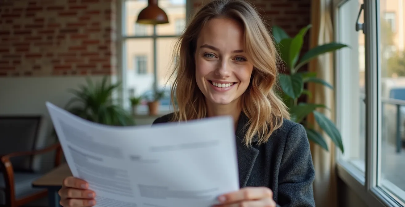 Jonge professional bekijkt huisvestingsdocumenten met fiets op achtergrond