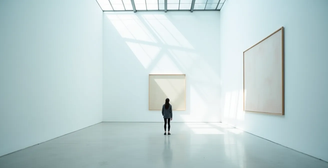 Een tiener staat gefocust te kijken naar één enkel groot kunstwerk in een verder lege, minimalistische museumzaal.