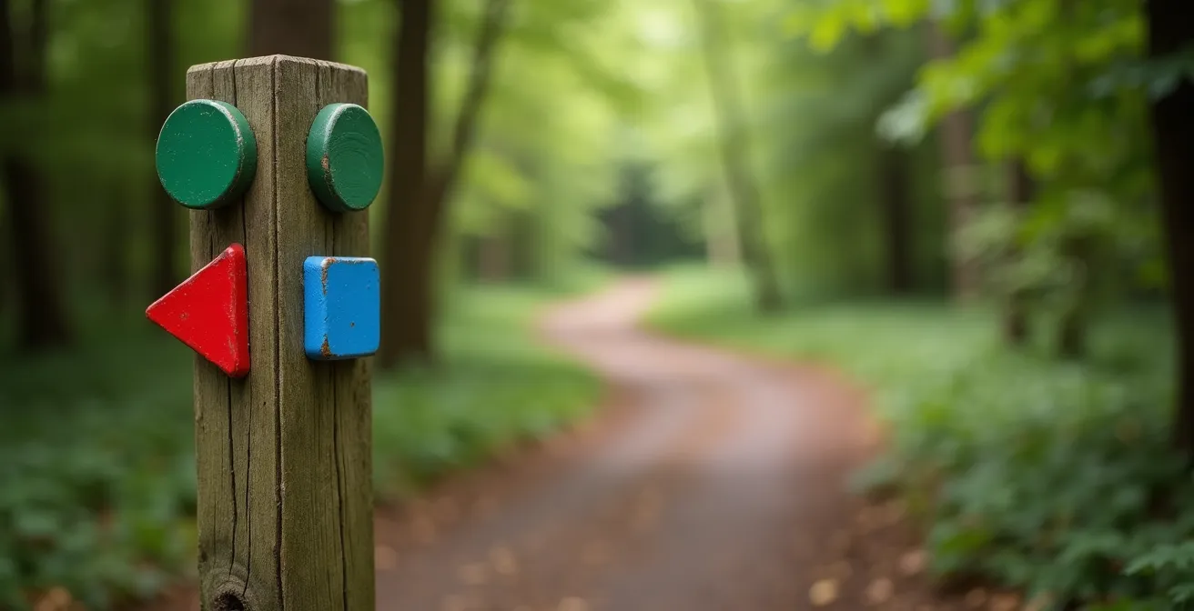 Verzameling officiële toegankelijkheidsborden langs een bospad in Vlaanderen