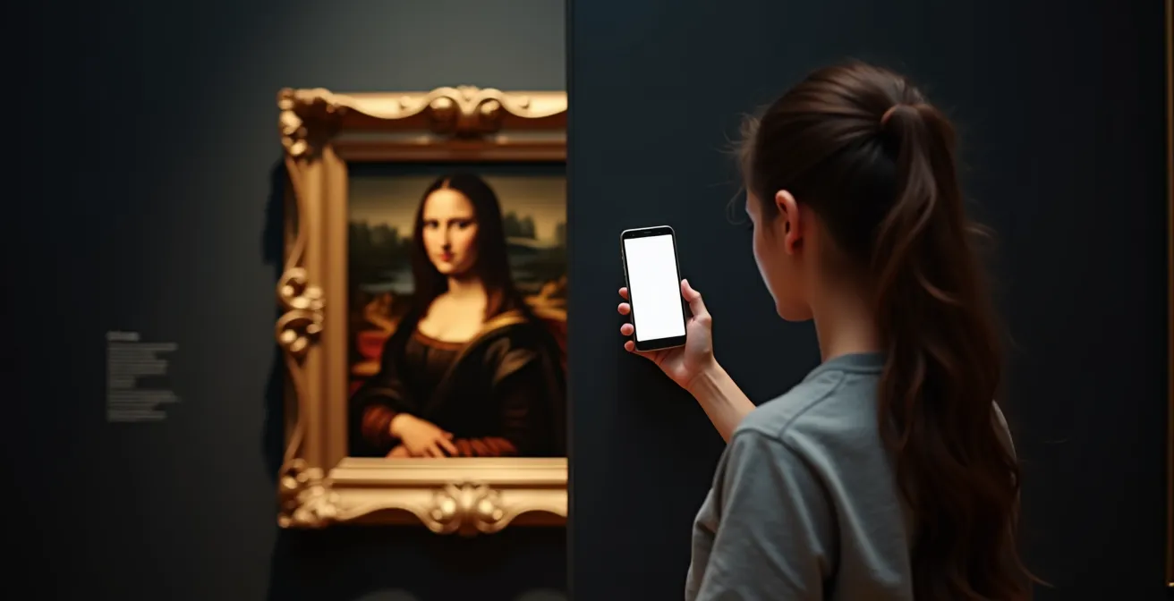 Tiener vergelijkt een klassiek schilderij in een museum met informatie op een smartphone.