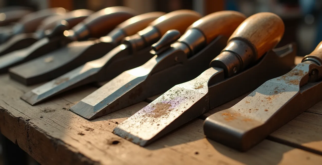 Close-up van vintage ambachtsgereedschap op een Belgische rommelmarkt
