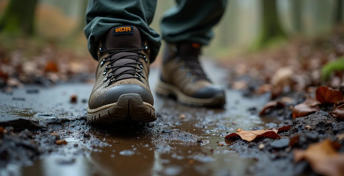 Detailopname van wandelschoen die door modderig Ardens bospad stapt
